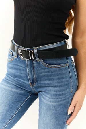 Black Faux Leather Silver Buckle Belt