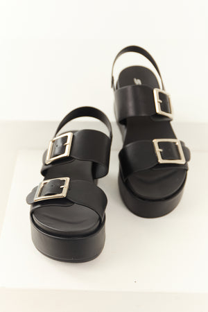 Black Faux Leather Silver Buckle Platform Sandals