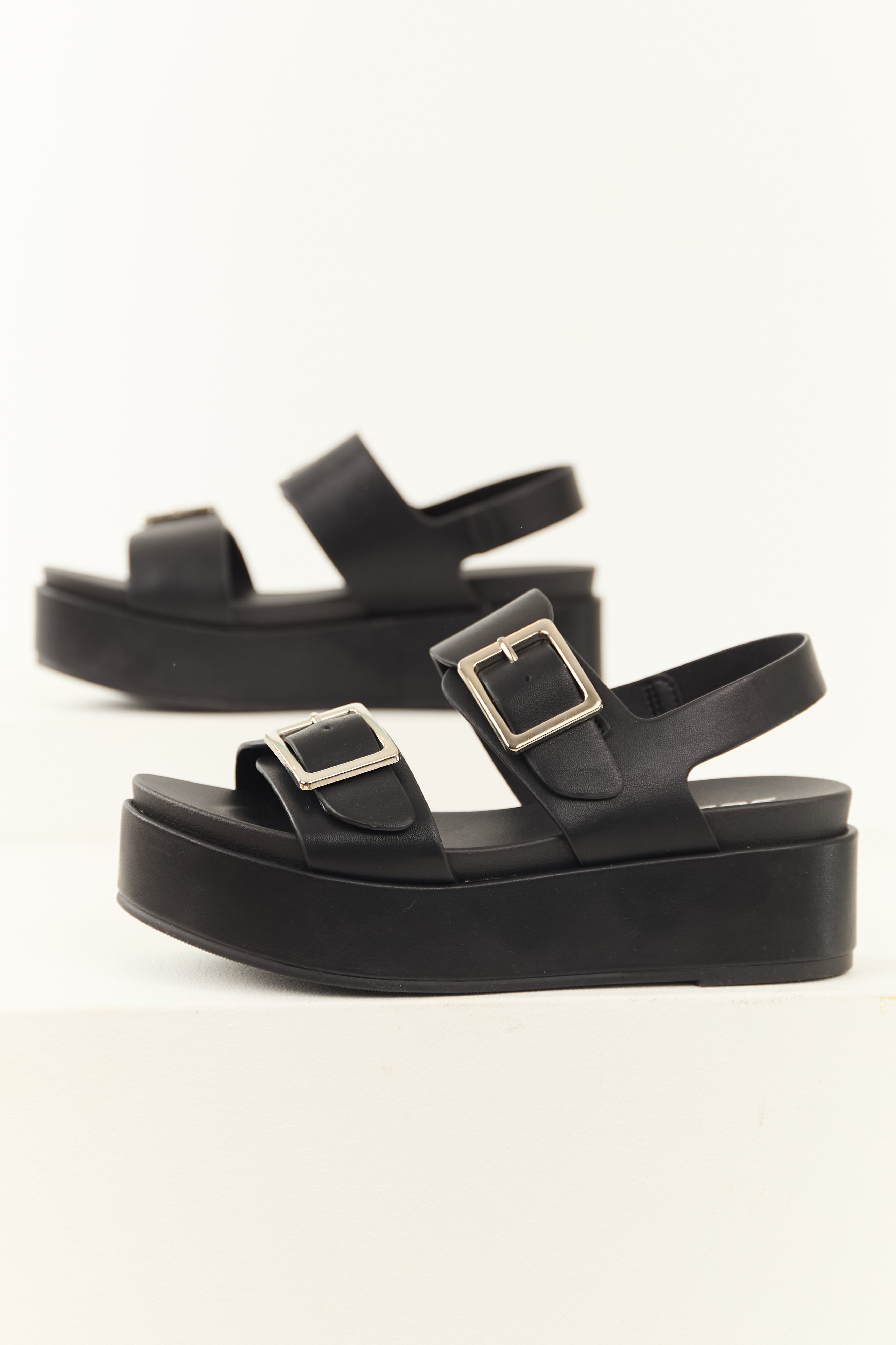 Black Faux Leather Silver Buckle Platform Sandals