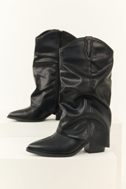 Black Faux Leather Slouchy Foldover Boot