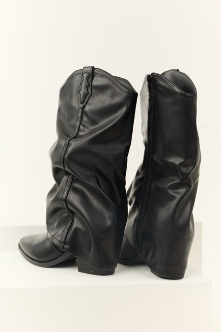 Black Faux Leather Slouchy Foldover Boot