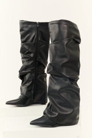 Black Faux Leather Slouchy Knee High Boots