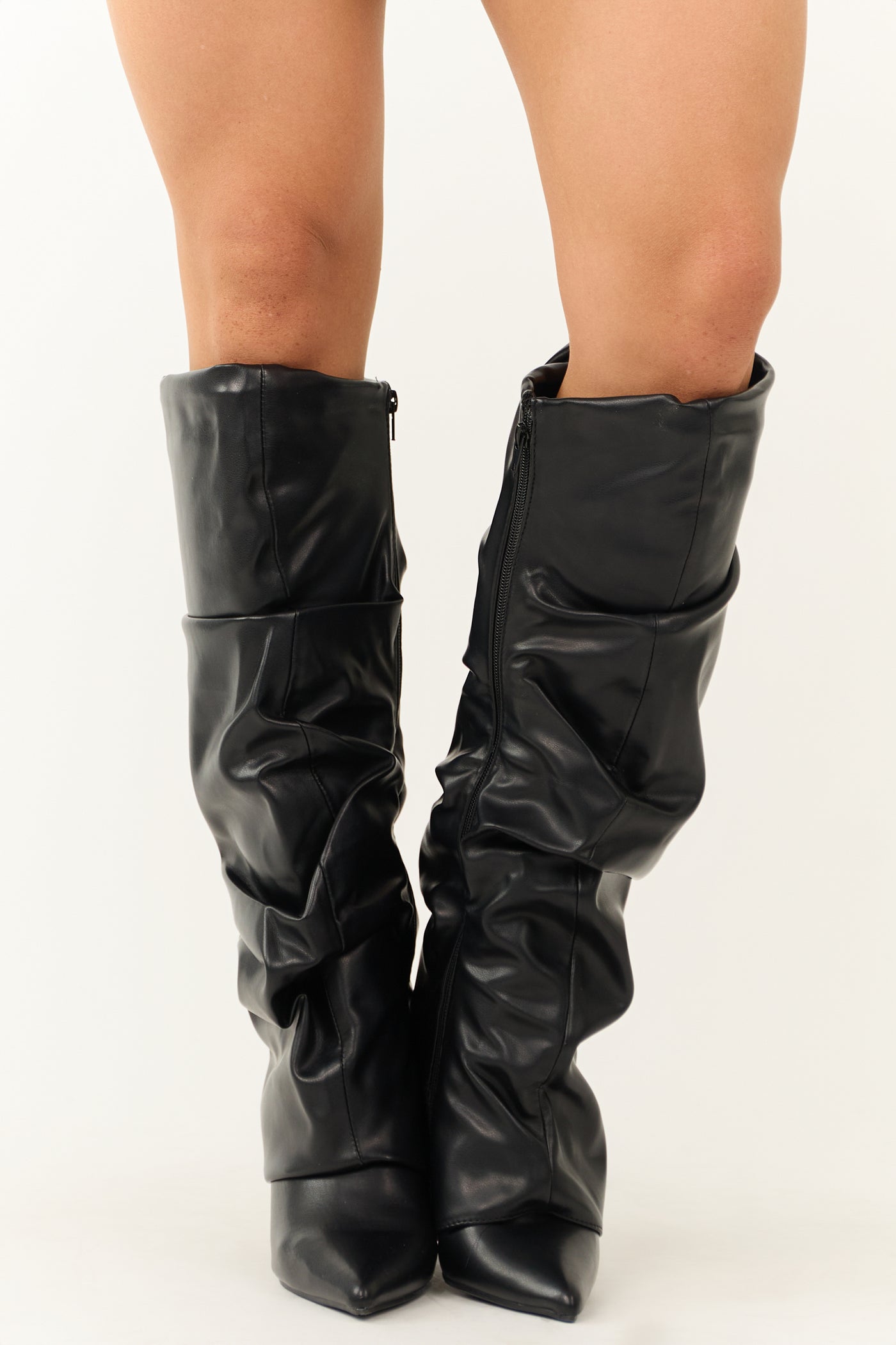 Black Faux Leather Slouchy Knee High Boots