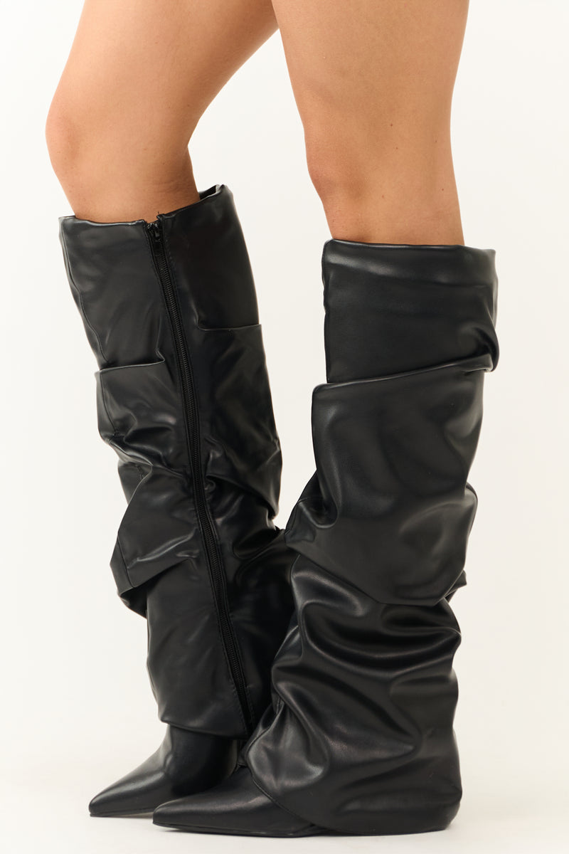 Black Faux Leather Slouchy Knee High Boots