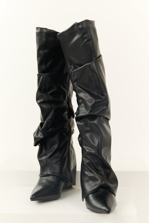 Black Faux Leather Slouchy Knee High Boots