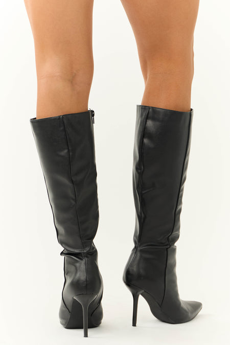 Black Faux Leather Stiletto Knee High Boot