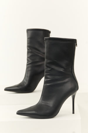 Black Faux Leather Stiletto Pointed Toe Boots