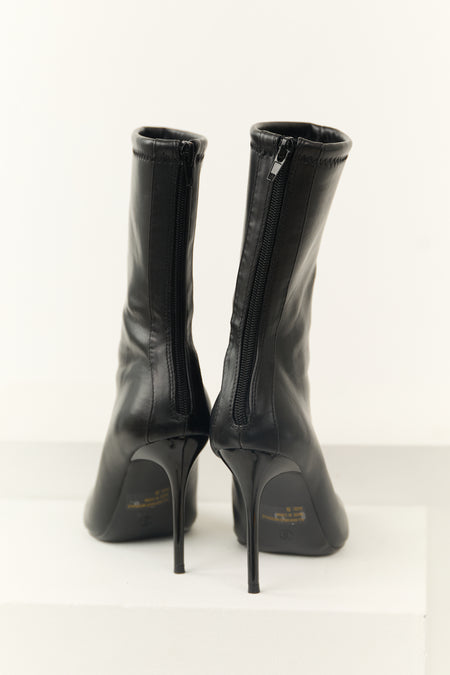 Black Faux Leather Stiletto Pointed Toe Boots