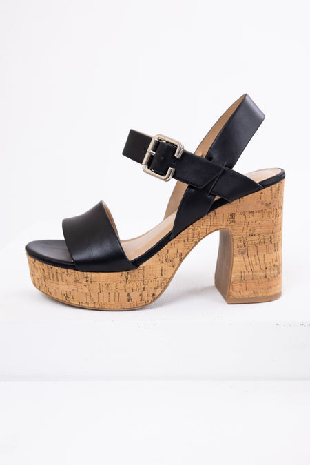 Black Faux Leather Strapped Chunky Heels