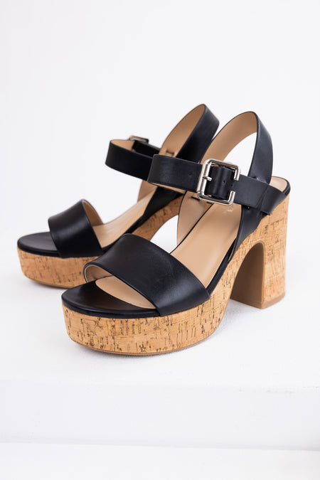 Black Faux Leather Strapped Chunky Heels