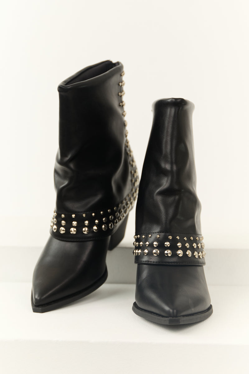 Black Faux Leather Studded Fold Over Boots