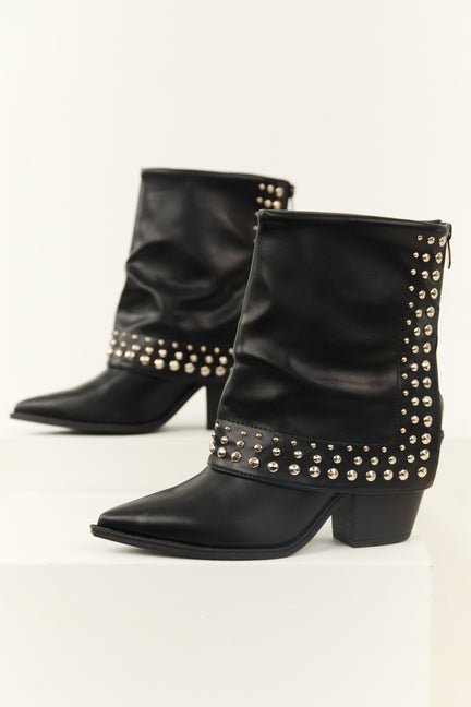 Black Faux Leather Studded Fold Over Boots