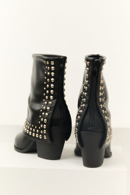 Black Faux Leather Studded Fold Over Boots