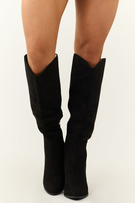 Black Faux Suede Block Heel Tall Boots