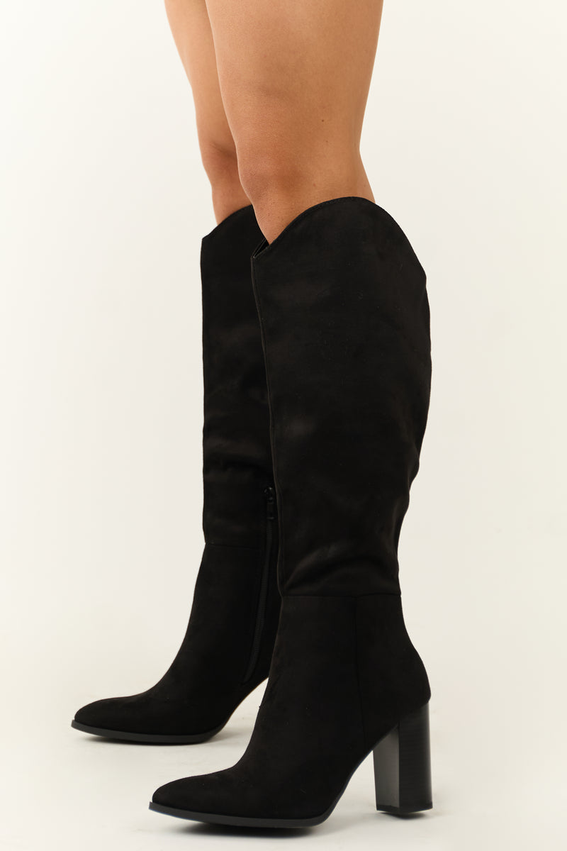 Black Faux Suede Block Heel Tall Boots