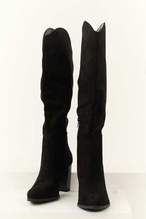 Black Faux Suede Block Heel Tall Boots