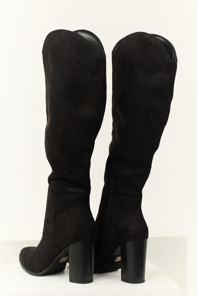 Black Faux Suede Block Heel Tall Boots