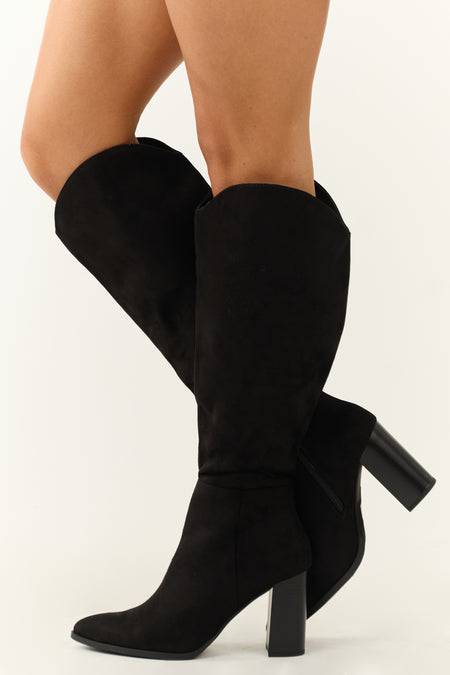 Black Faux Suede Block Heel Tall Boots