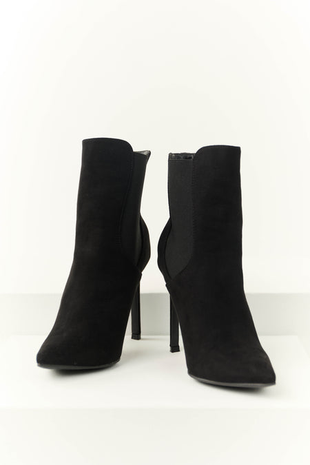 Black Faux Suede Elastic Panel Stiletto Booties