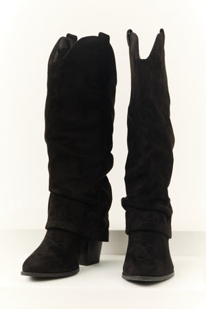 Black Faux Suede Foldover Knee High Boots