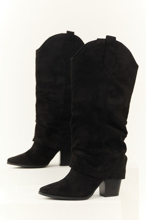 Black Faux Suede Foldover Knee High Boots