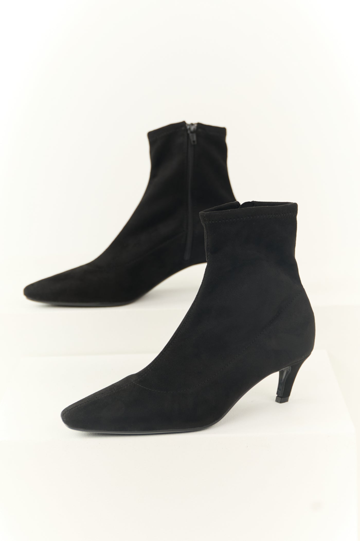 Black Faux Suede Pointed Toe Ankle Booties with Heel