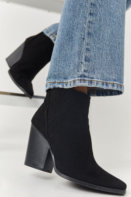 Black Faux Suede Side Panel Pointed Toe Booties