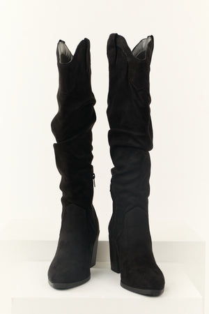 Black Faux Suede Slouchy Knee High Heeled Boots