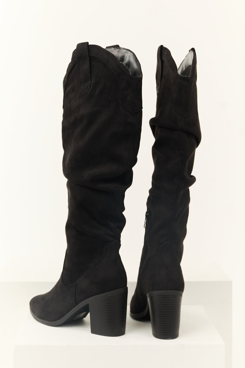 Black Faux Suede Slouchy Knee High Heeled Boots