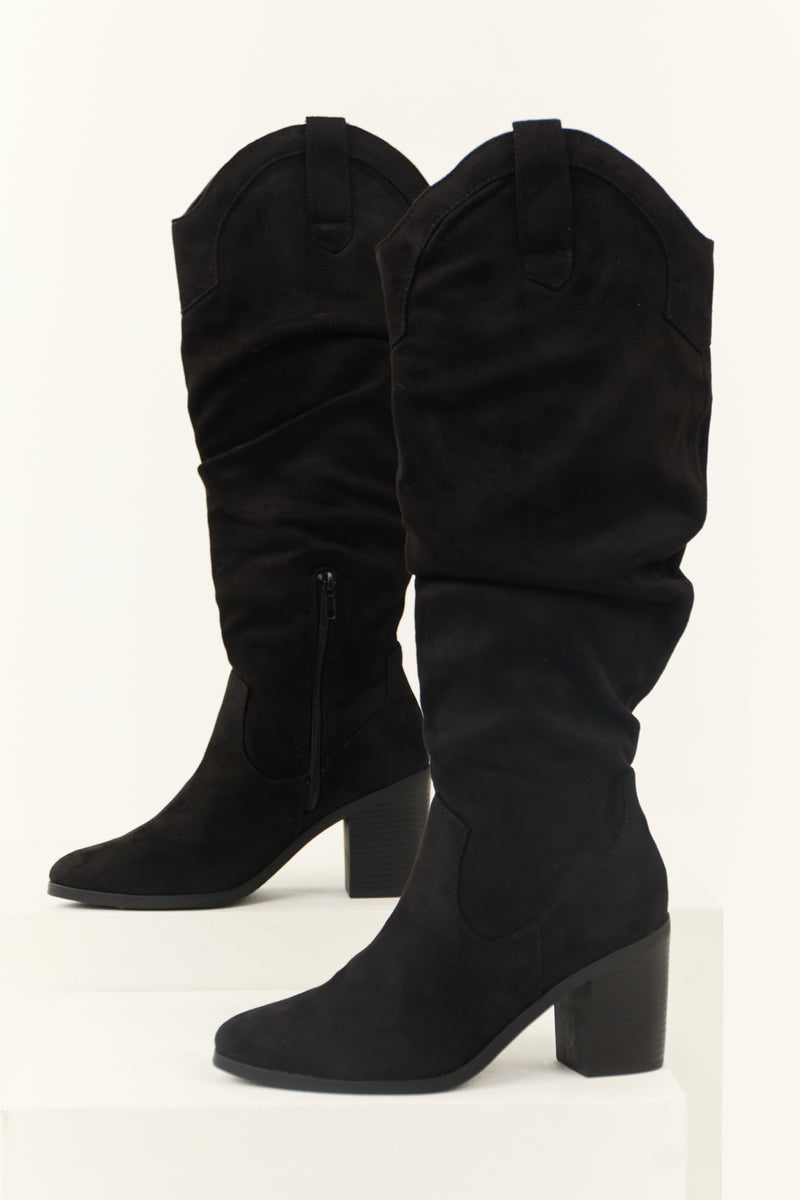 Black Faux Suede Slouchy Knee High Heeled Boots