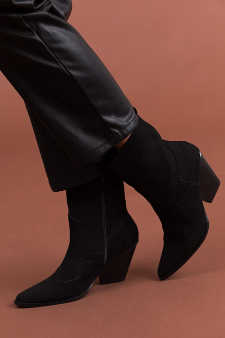 Black Faux Suede Western Style Booties