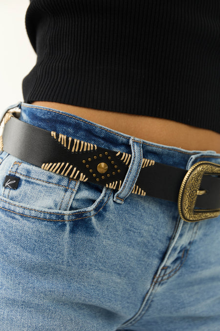 Black Floral Etched Buckle Belt