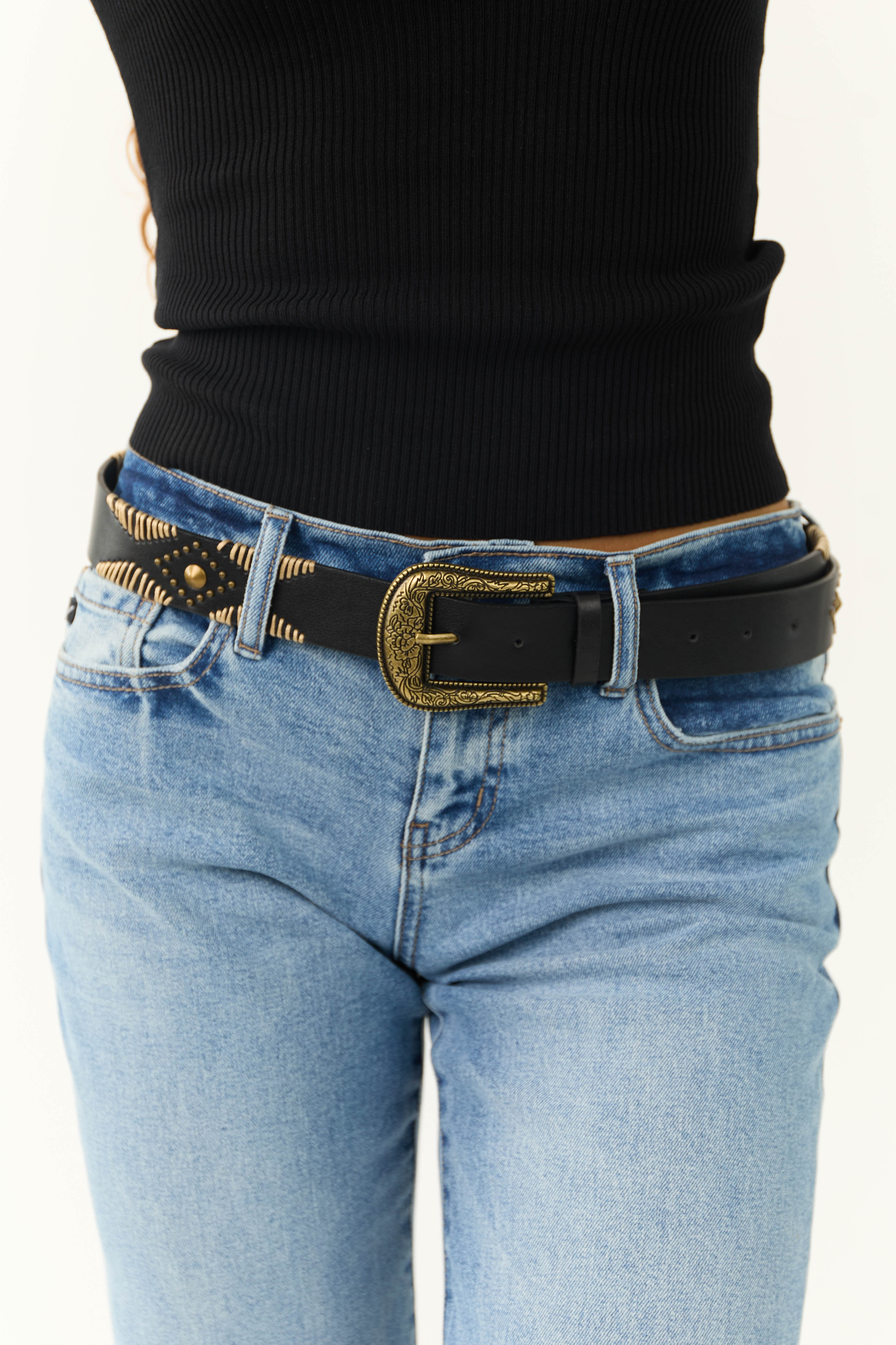 Black Floral Etched Buckle Belt