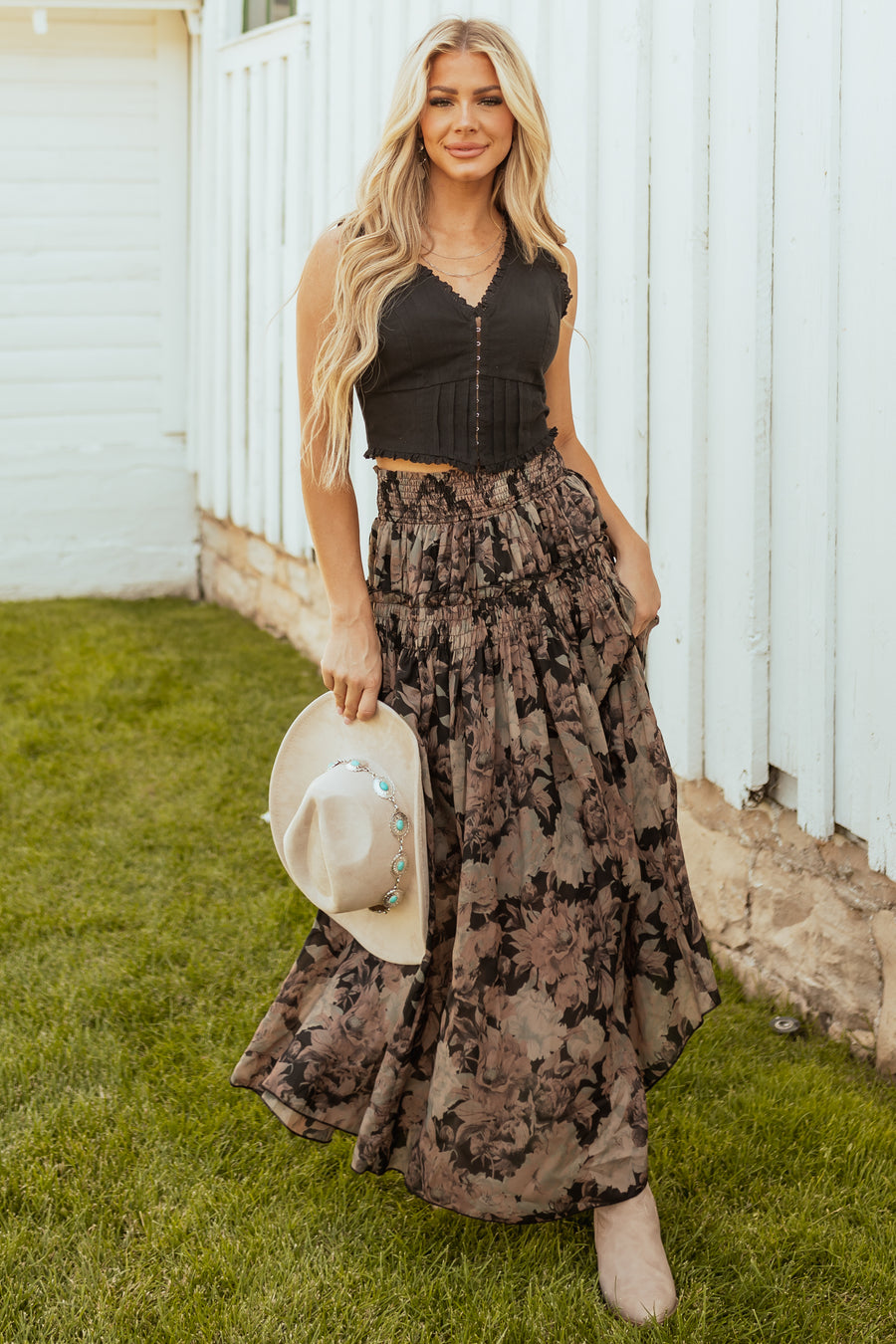 Black Floral Print Tiered Smocked Maxi Skirt