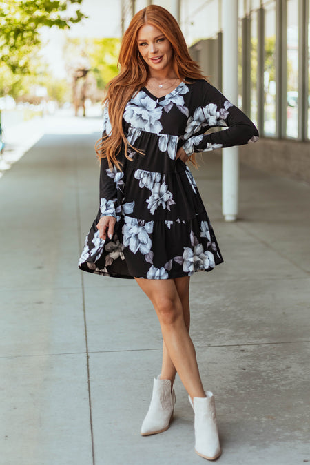 Black Floral Print Tiered V Neck Mini Dress