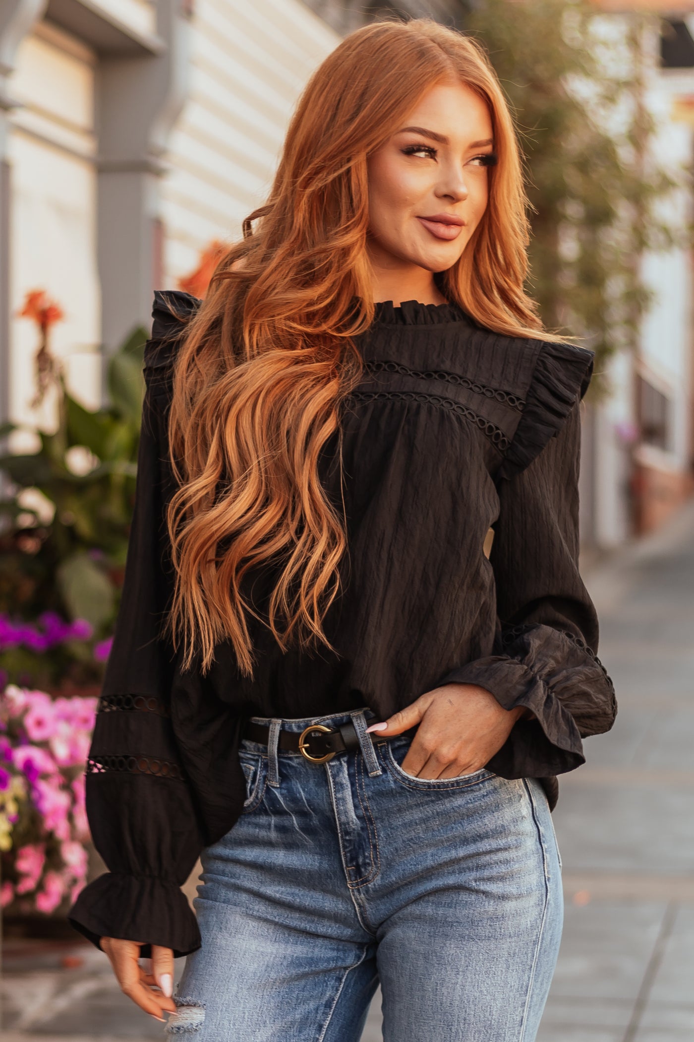 Black Frill Neck Long Sleeve Blouse