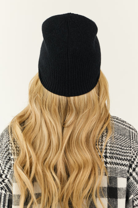 Black Front Fold Ribbed Knit Beanie