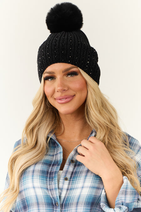 Black Gemstone Embellished Chenille Pom Pom Beanie