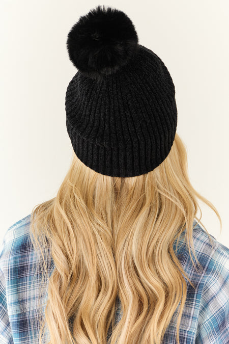 Black Gemstone Embellished Chenille Pom Pom Beanie