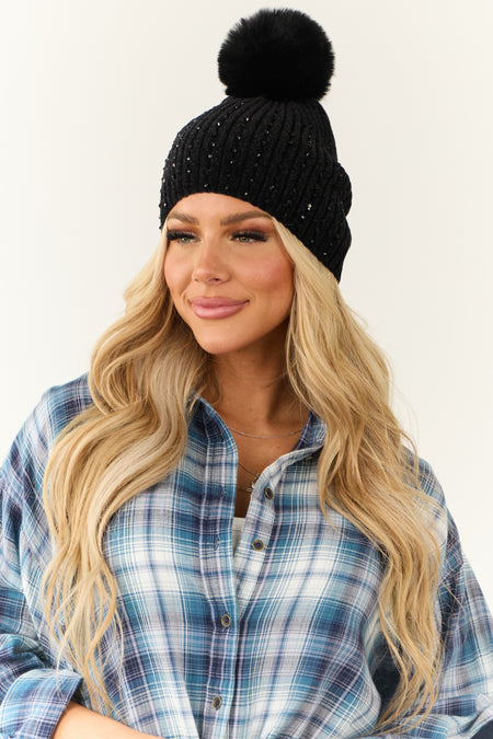 Black Gemstone Embellished Chenille Pom Pom Beanie