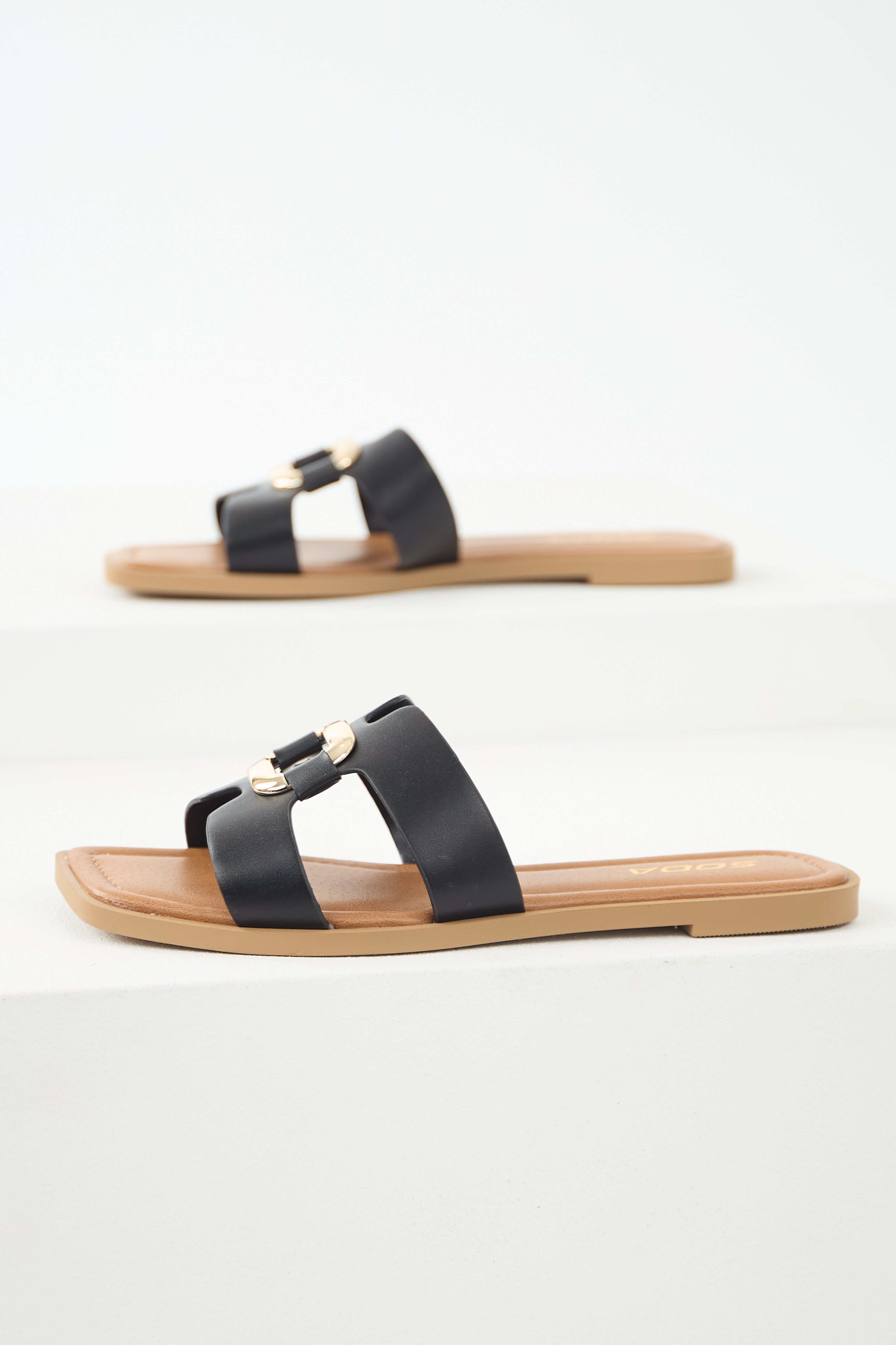 Black Gold Buckle Open Toe Sandals