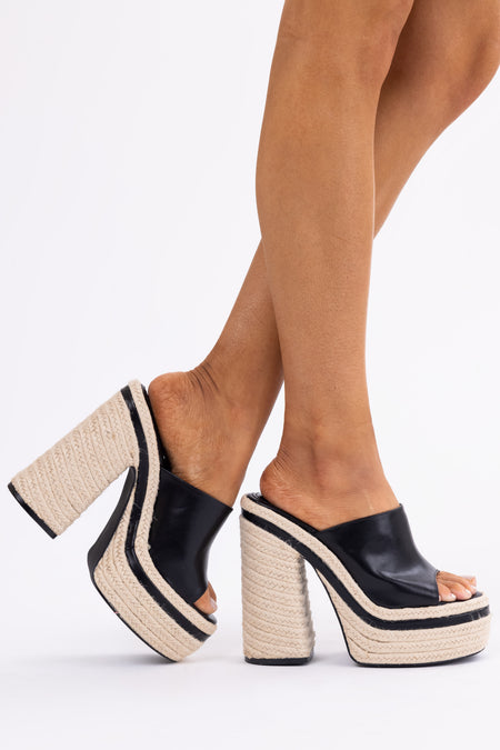 Black High Heel Espadrille Platform Sandals