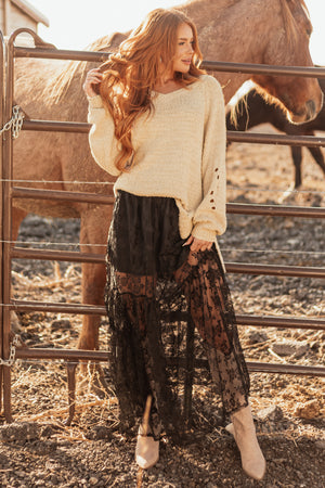 Black High Waist Sheer Lace Maxi Skirt