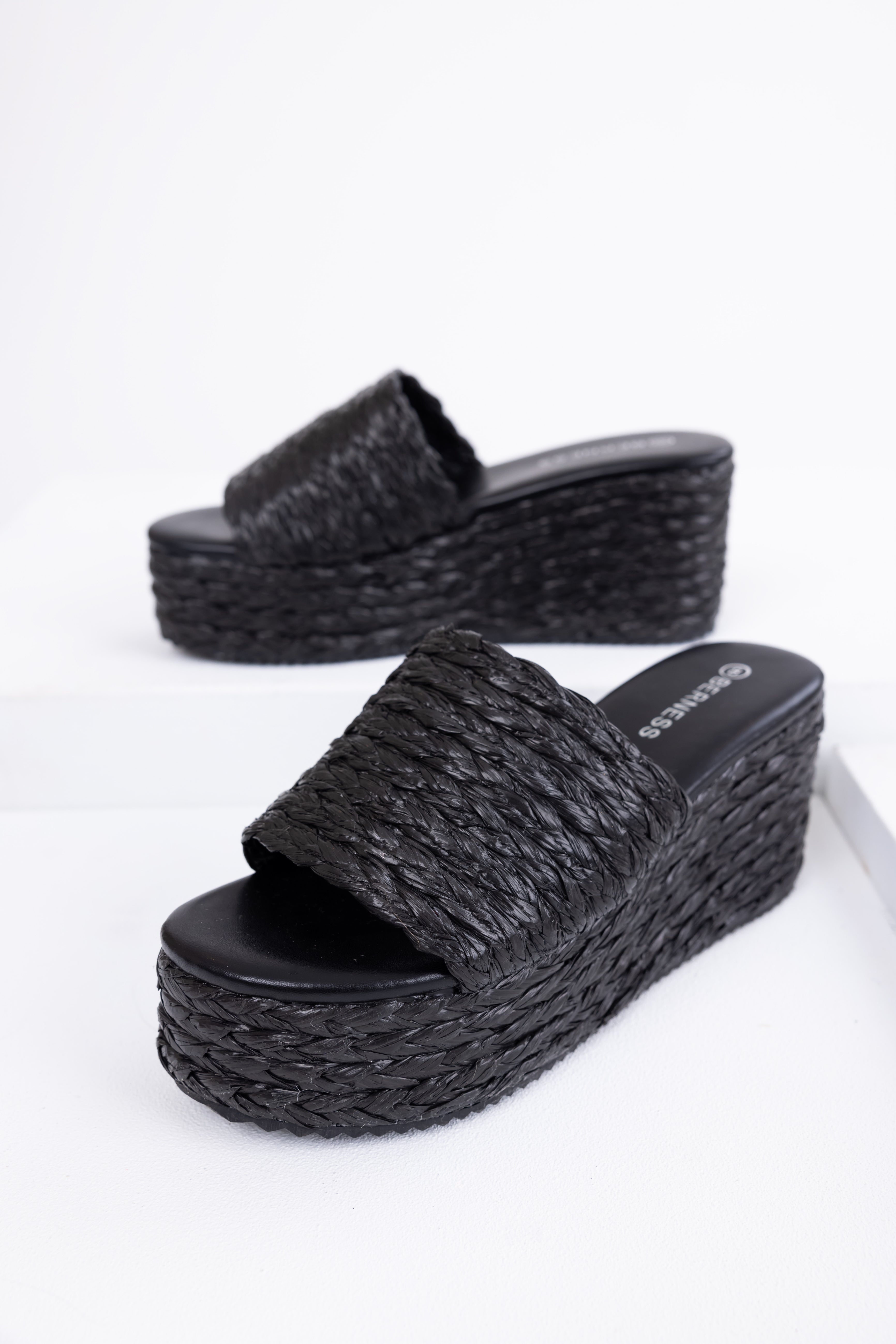 Black Jute Woven Cushioned Platform Wedges