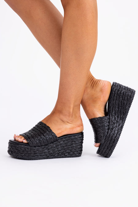 Black Jute Woven Cushioned Platform Wedges