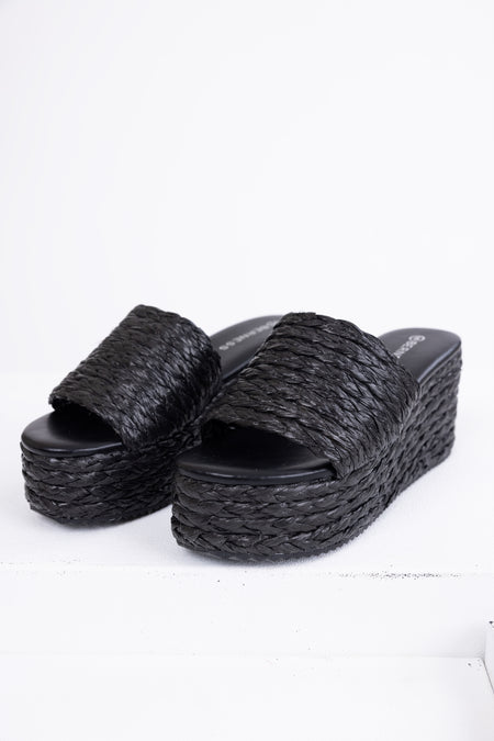 Black Jute Woven Cushioned Platform Wedges