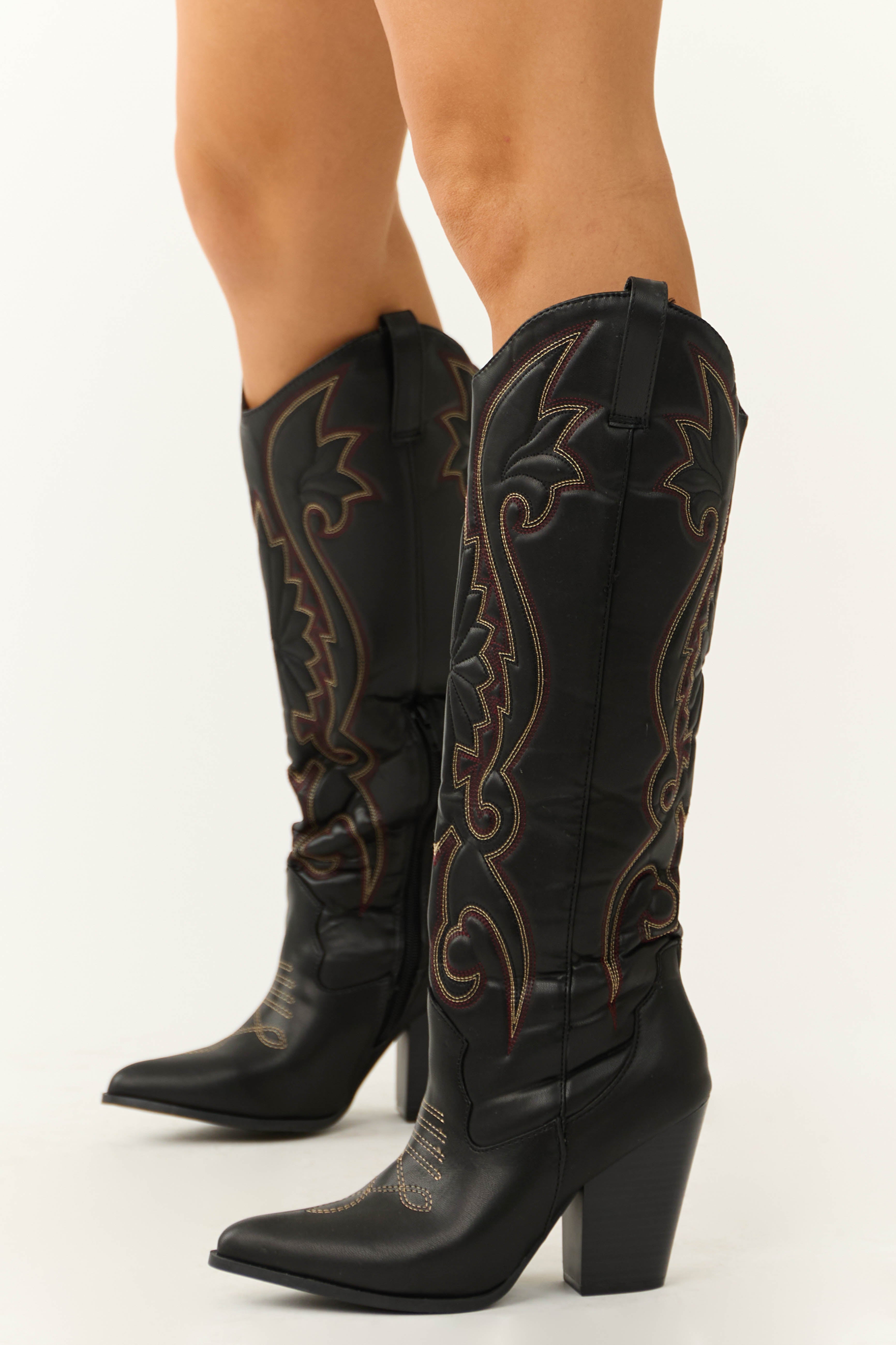 Black Knee High Embroidered Western Boots