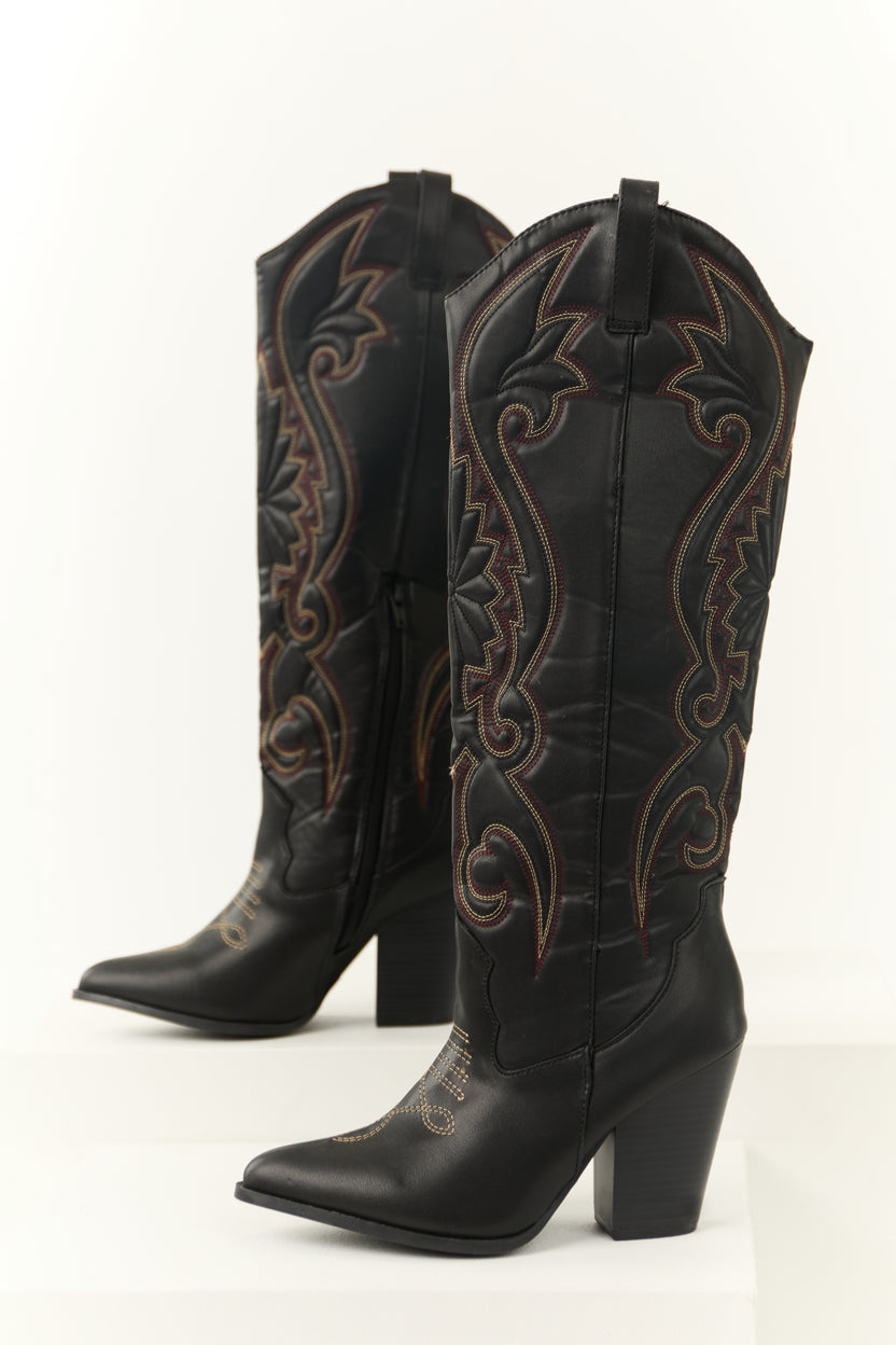 Black Knee High Embroidered Western Boots