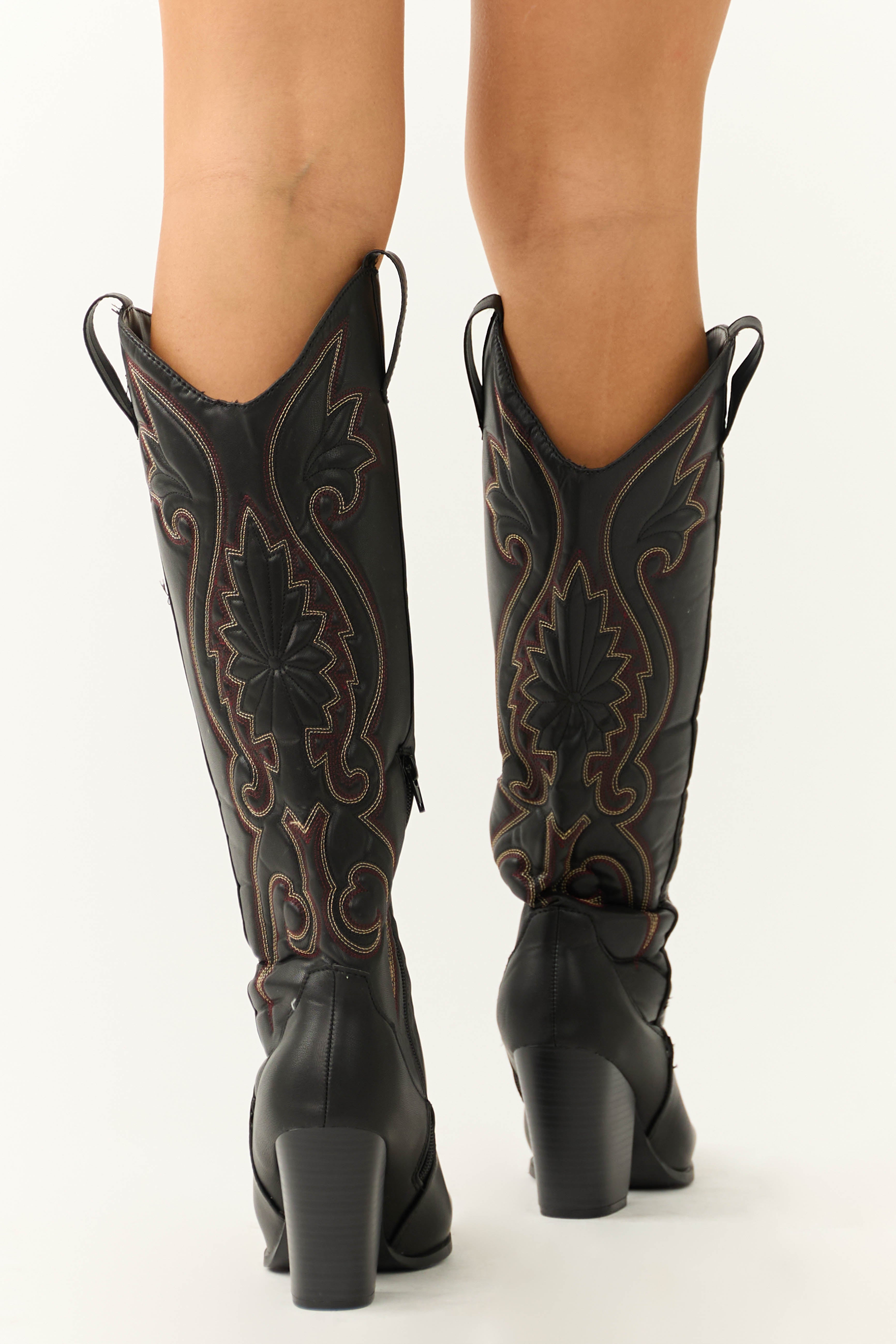 Black Knee High Embroidered Western Boots