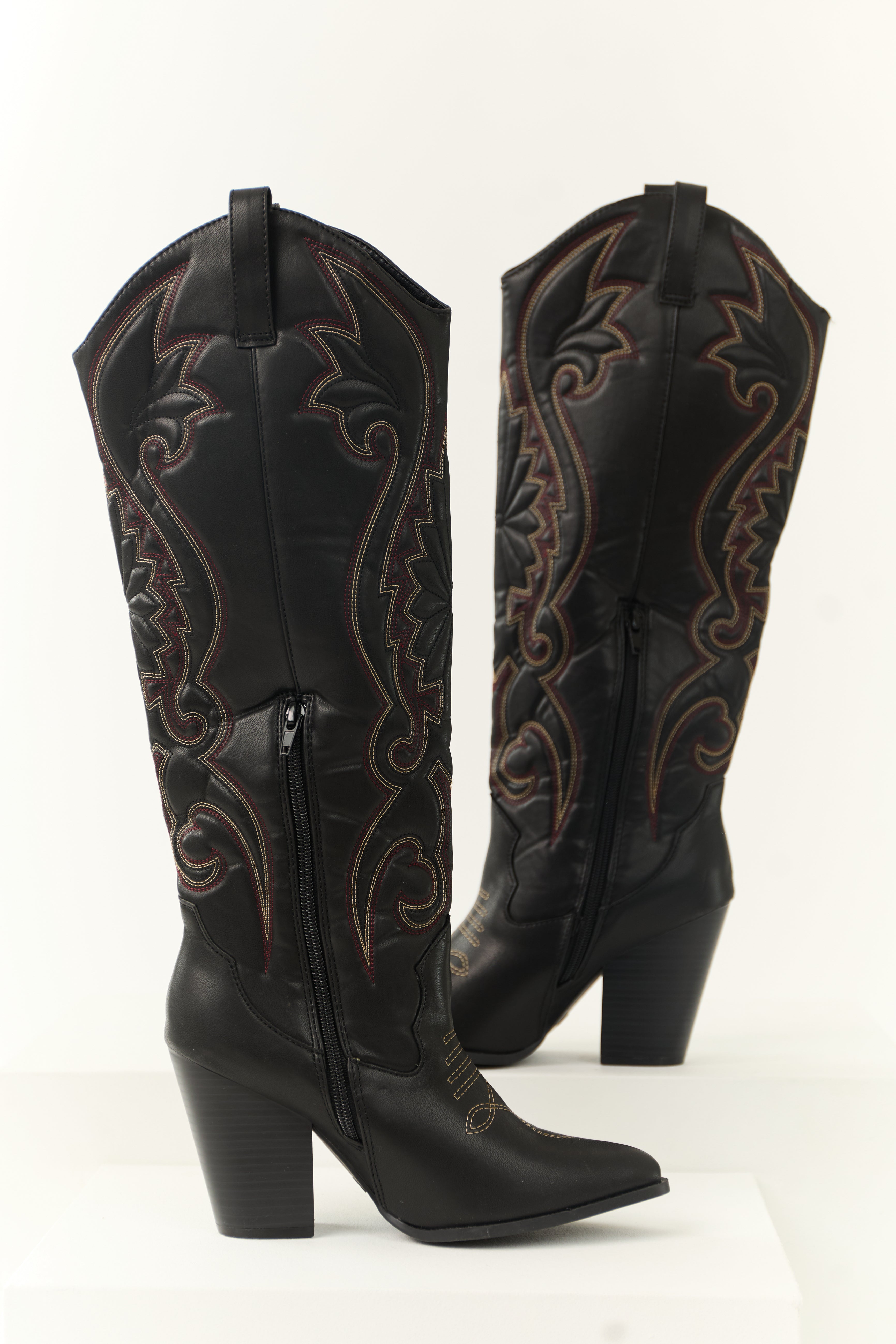 Black Knee High Embroidered Western Boots